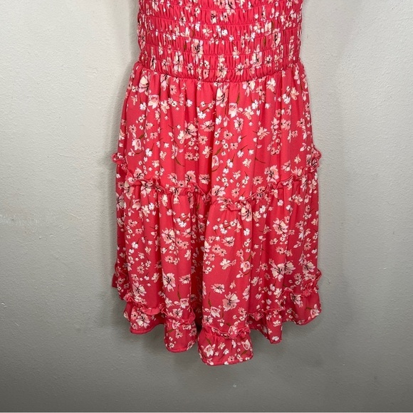MEDIUM JUNIORS SIENNA SKY FLORAL DRESS SLEEVELESS CORAL REDORANGE STRETCH RUFFLE - Picture 5 of 11